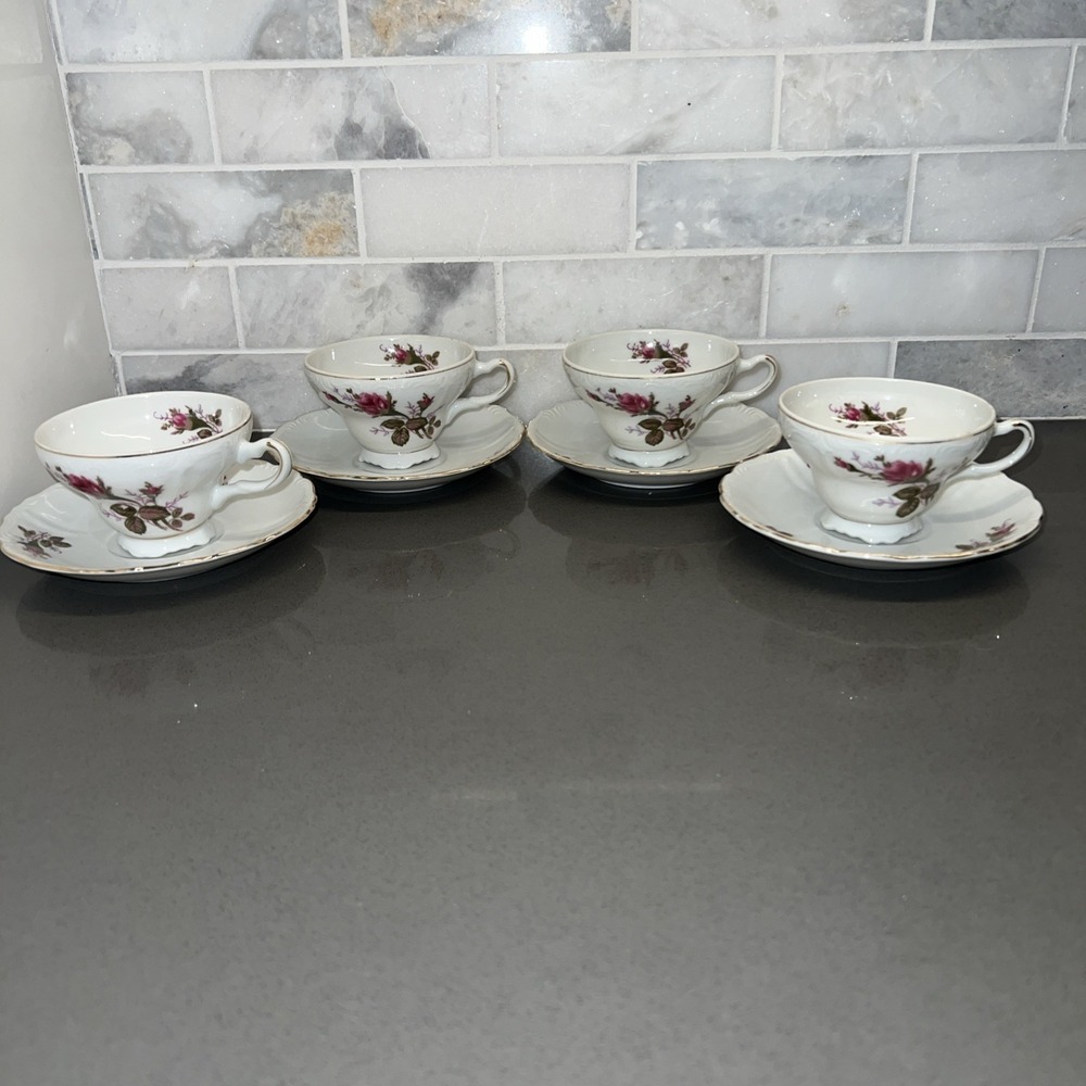 2 Sets Royal Sealy China Japan Moss Rose Tea Cup & Saucer